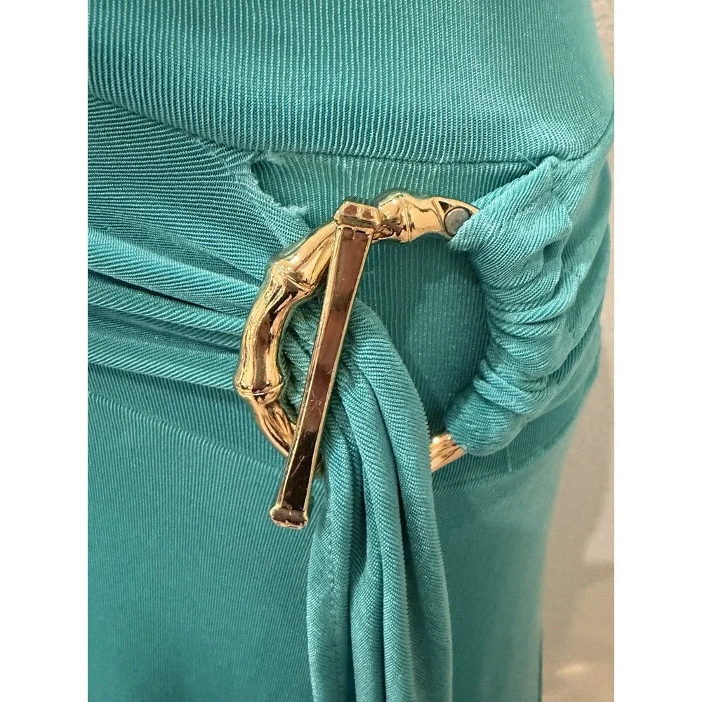 VTG Cacique Aqua Halter Dress XS Cowl Neck Gold Ring Detail Y2K Going Out 2000's - Picture 8 of 12